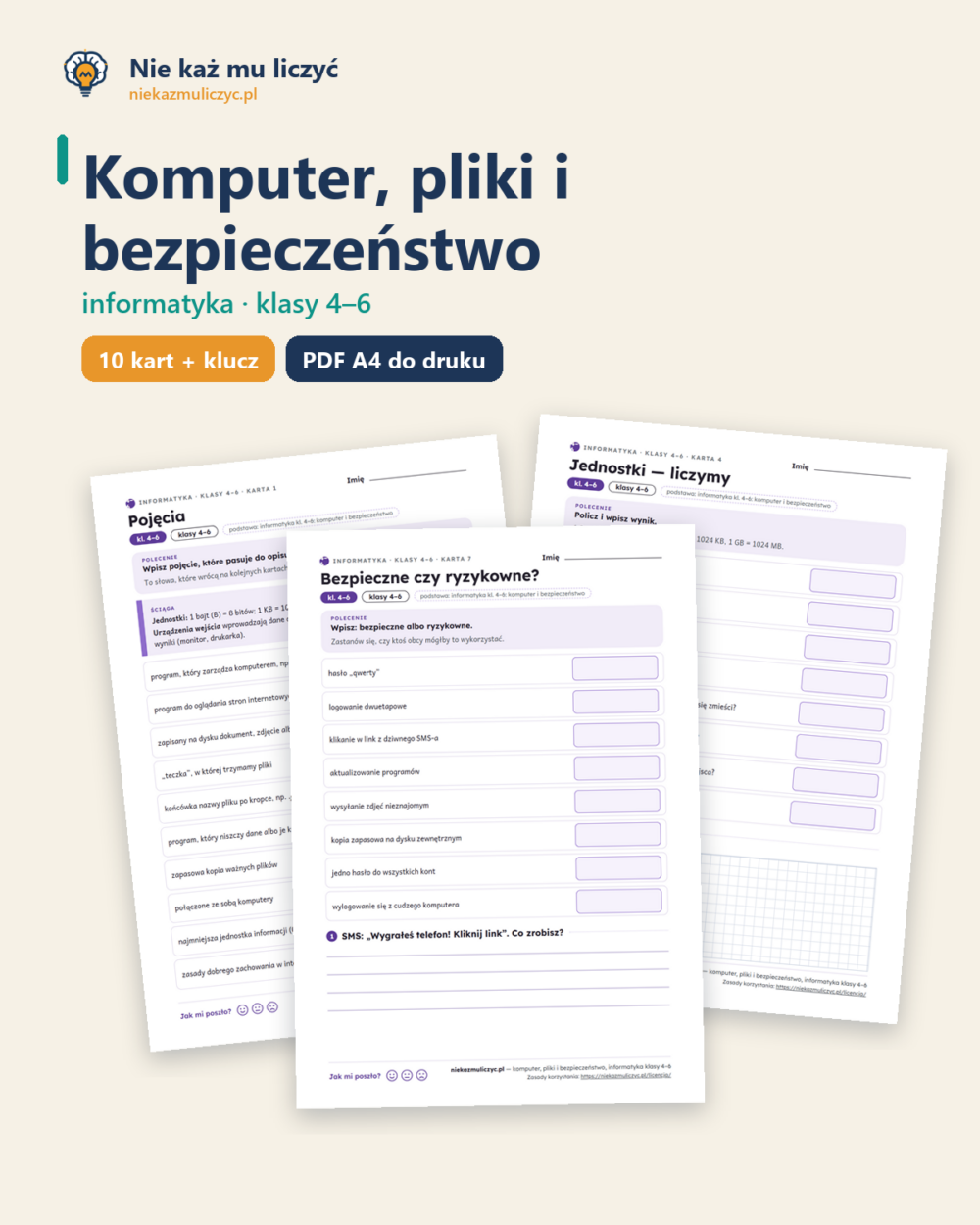 Komputer, pliki i bezpieczeństwo, kl. 4–6 — 10 kart PDF z kluczem — okładka