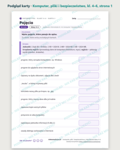 Komputer, pliki i bezpieczeństwo, kl. 4–6 — 10 kart PDF z kluczem — podgląd karty, strona 1