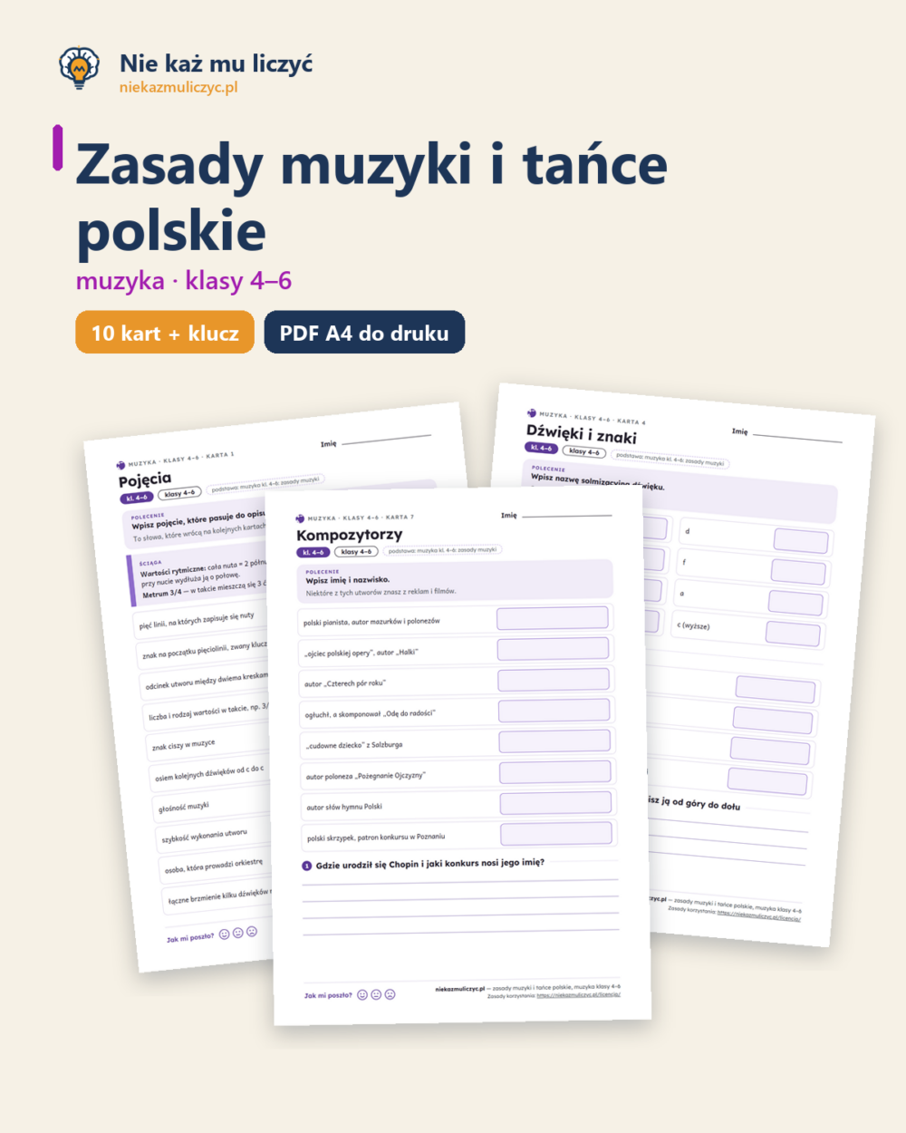 Zasady muzyki i tańce polskie, muzyka kl. 4–6 — 10 kart PDF z kluczem — okładka