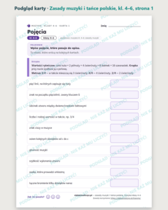 Zasady muzyki i tańce polskie, muzyka kl. 4–6 — 10 kart PDF z kluczem — podgląd karty, strona 1