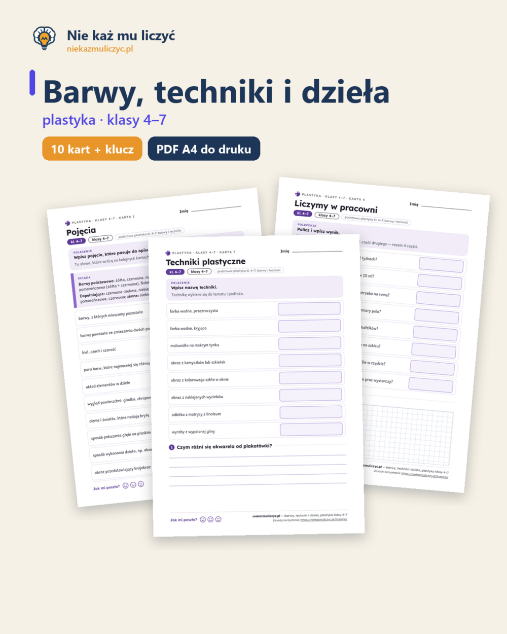 Barwy, techniki i dzieła, plastyka kl. 4–7 — 10 kart PDF z kluczem — okładka