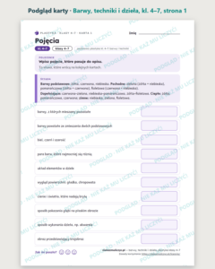 Barwy, techniki i dzieła, plastyka kl. 4–7 — 10 kart PDF z kluczem — podgląd karty, strona 1