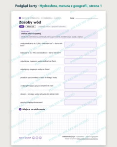 Hydrosfera — matura z geografii — 10 kart PDF z kluczem — podgląd karty, strona 1