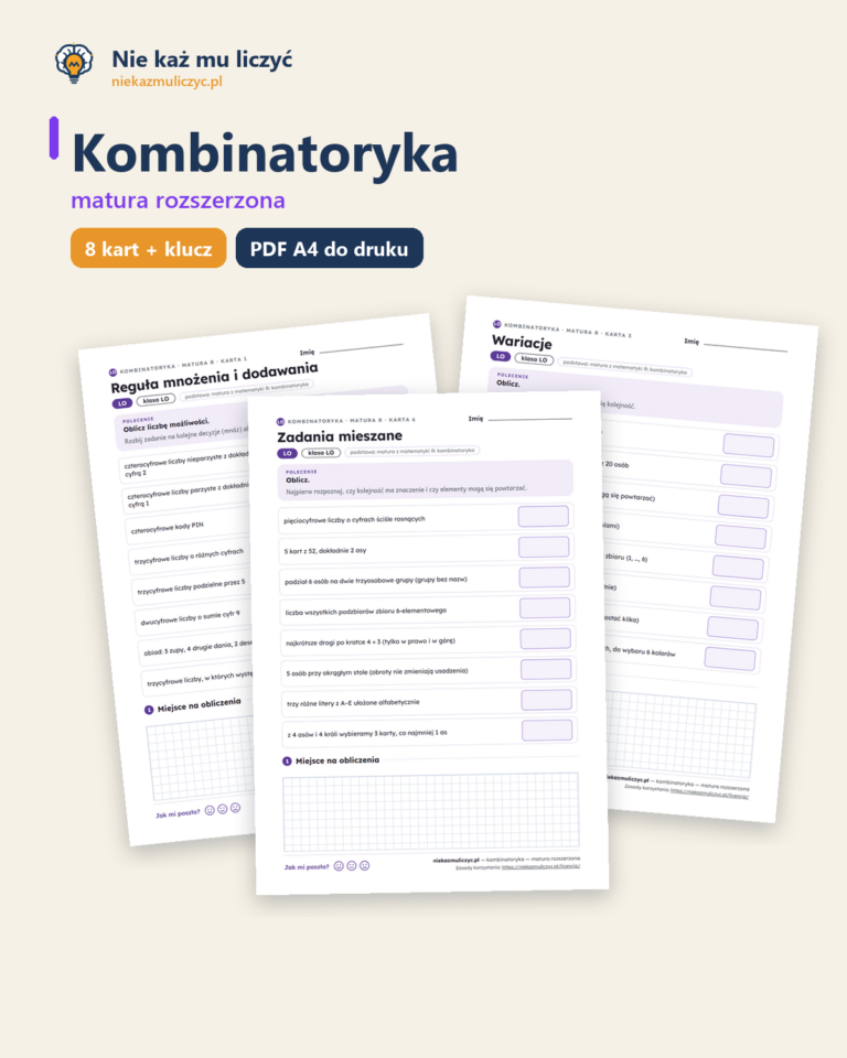 Kombinatoryka — matura z matematyki — 8 kart PDF z kluczem — okładka