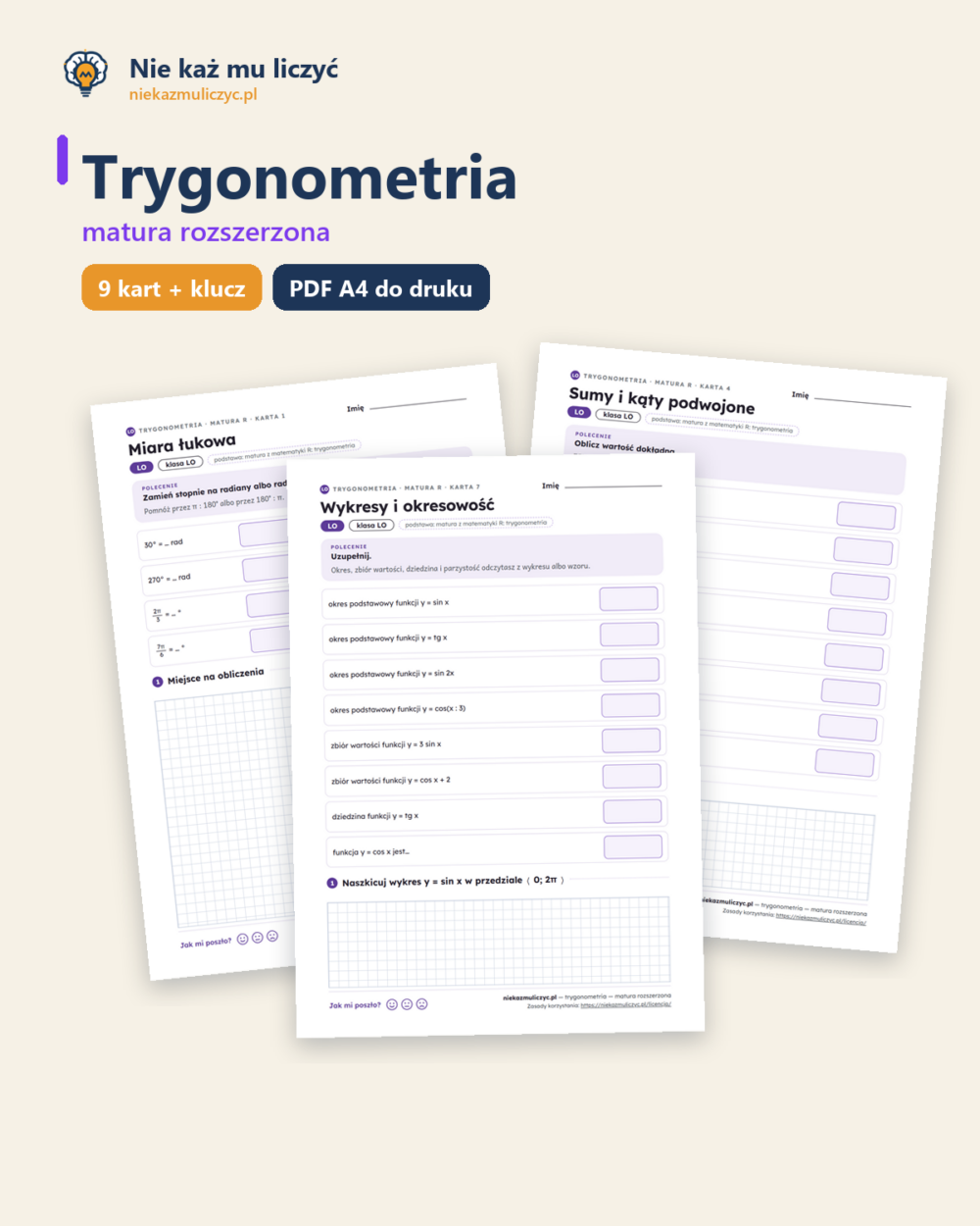 Trygonometria — matura z matematyki — 9 kart PDF z kluczem — okładka