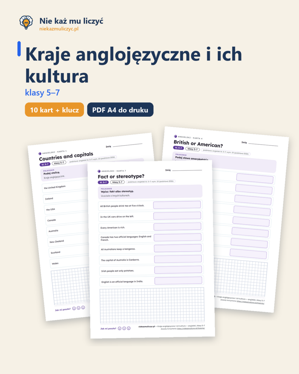 Kraje anglojęzyczne i ich kultura — angielski, klasy 5–7, 10 kart PDF — okładka