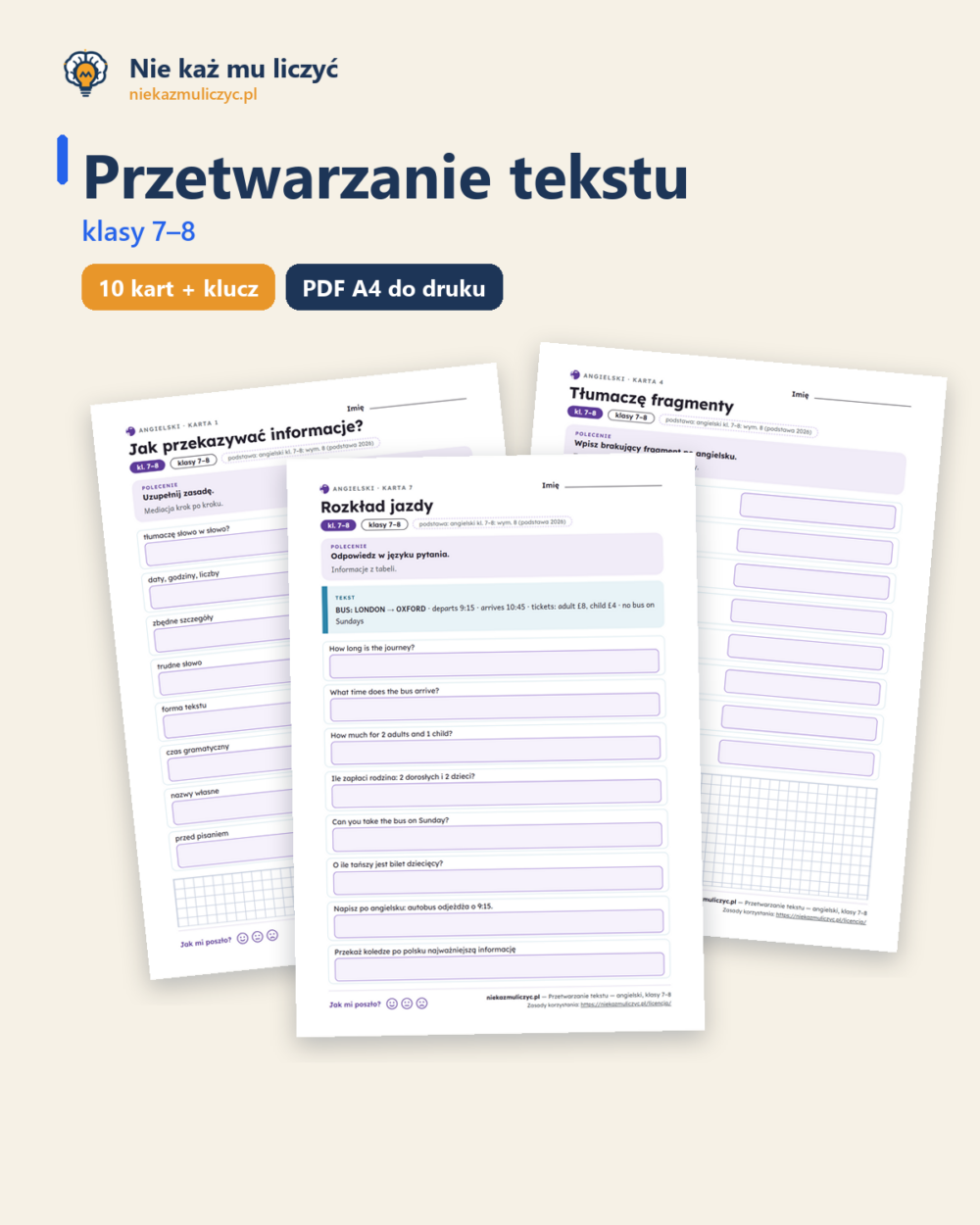 Przetwarzanie tekstu — angielski, klasy 7–8, 10 kart PDF — okładka