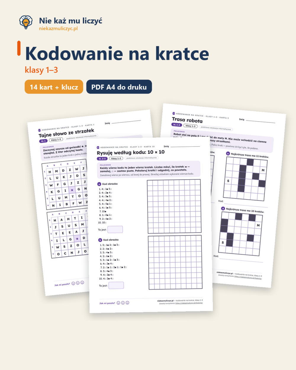 Kodowanie na kratce, klasy 1–3 — 14 kart pracy PDF z kluczem — okładka