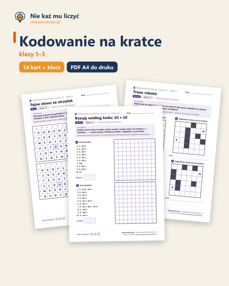 Kodowanie na kratce, klasy 1–3 — 14 kart pracy PDF z kluczem — okładka