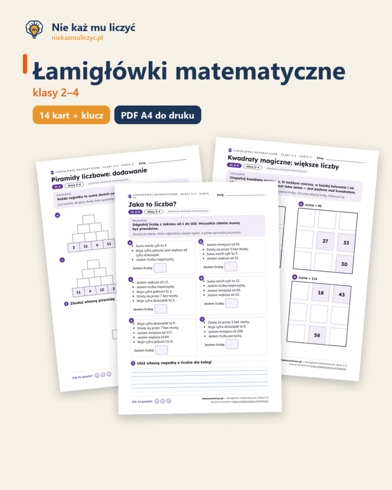 Łamigłówki matematyczne, klasy 2–4 — 14 kart PDF z kluczem — okładka