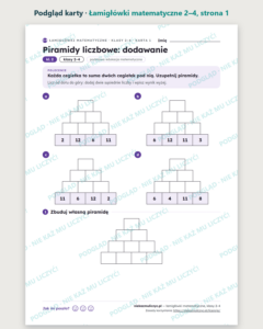 Łamigłówki matematyczne, klasy 2–4 — 14 kart PDF z kluczem — podgląd karty, strona 1