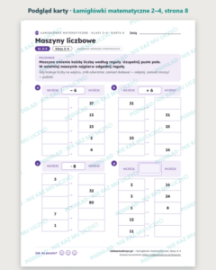 Łamigłówki matematyczne, klasy 2–4 — 14 kart PDF z kluczem — podgląd karty, strona 8