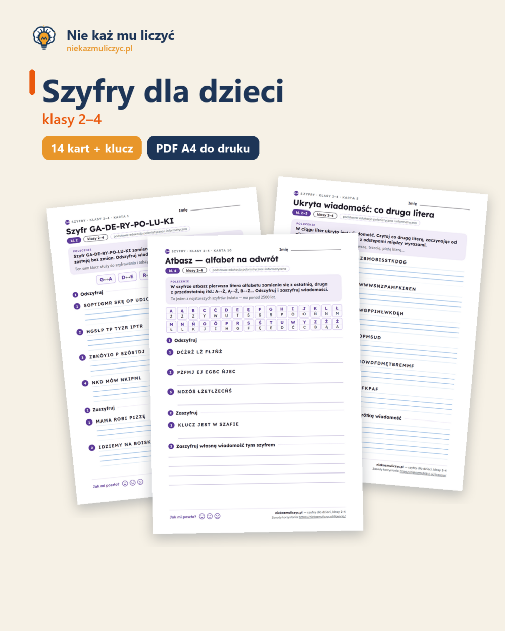 Szyfry dla dzieci, klasy 2–4 — 14 kart PDF z kluczem — okładka