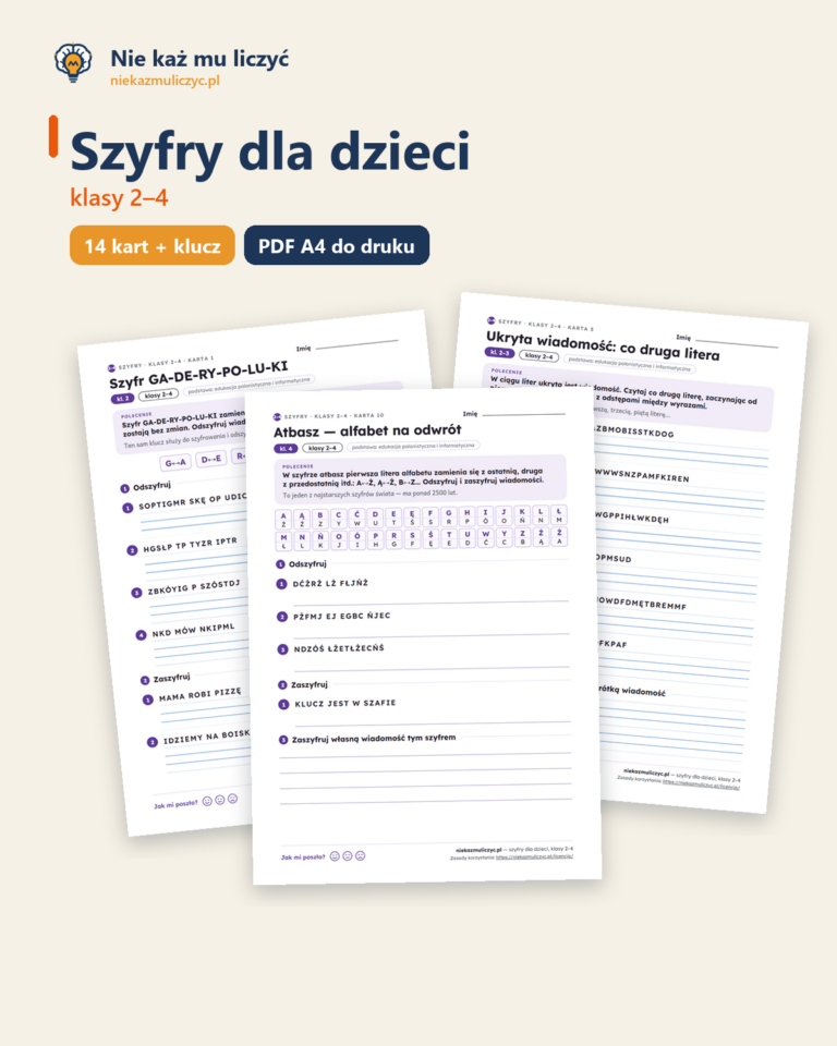 Szyfry dla dzieci, klasy 2–4 — 14 kart PDF z kluczem — okładka