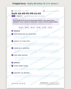 Szyfry dla dzieci, klasy 2–4 — 14 kart PDF z kluczem — podgląd karty, strona 1