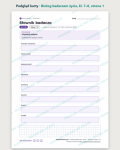 Biolog badaczem życia — biologia, klasy 7–8, 10 kart PDF — podgląd karty, strona 1