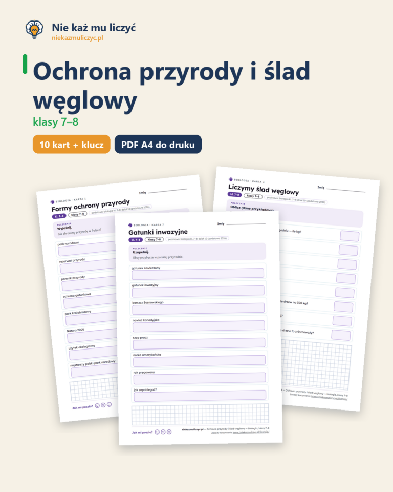 Ochrona przyrody i ślad węglowy — biologia, klasy 7–8, 10 kart PDF — okładka