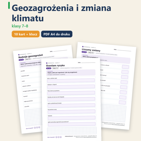 Geozagrożenia i zmiana klimatu — geografia, klasy 7–8, 10 kart PDF — okładka