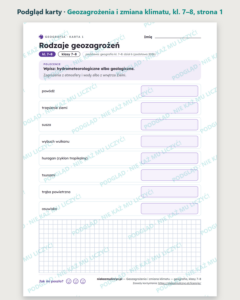 Geozagrożenia i zmiana klimatu — geografia, klasy 7–8, 10 kart PDF — podgląd karty, strona 1