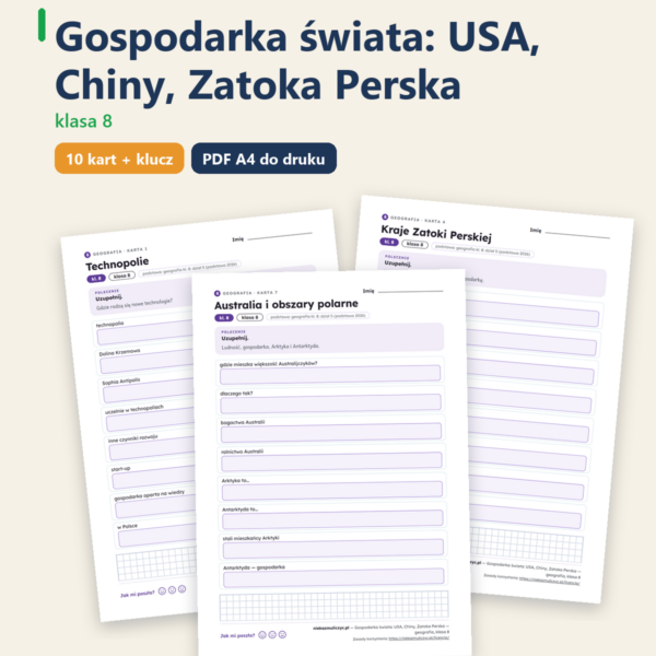 Gospodarka świata: USA, Chiny, Zatoka Perska — geografia, klasa 8 — okładka