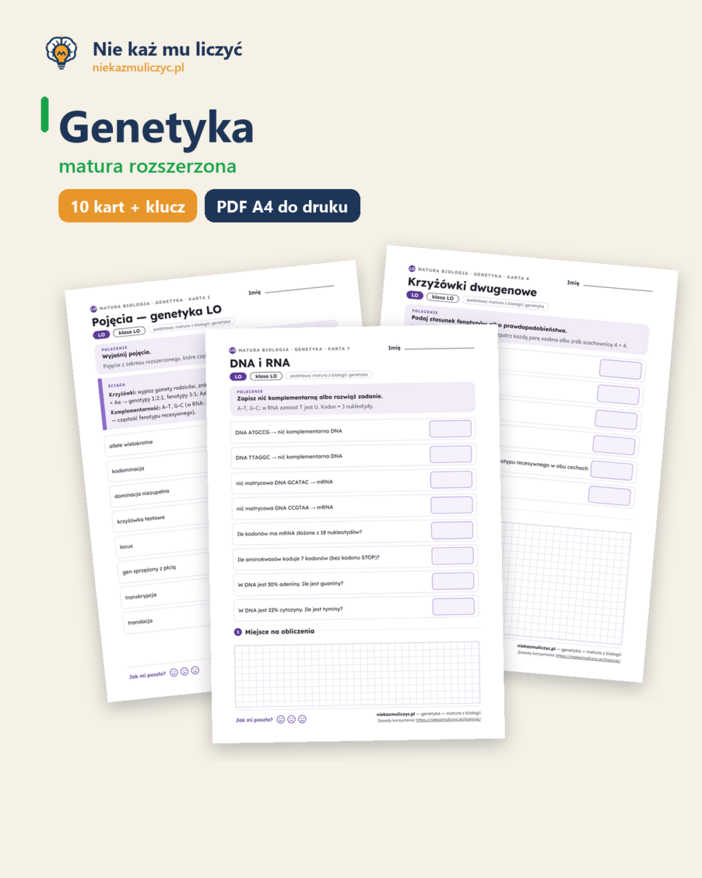 Genetyka — matura z biologii — 10 kart PDF z kluczem — okładka