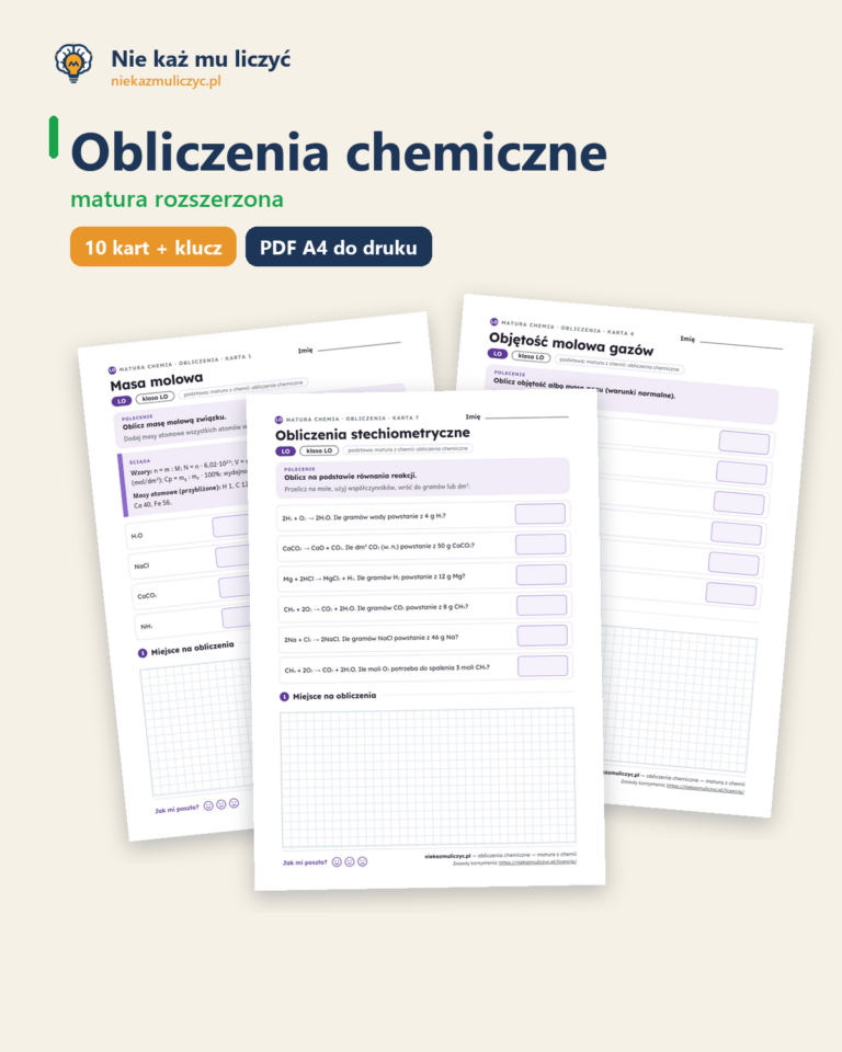 Obliczenia chemiczne — matura z chemii — 10 kart PDF z kluczem — okładka