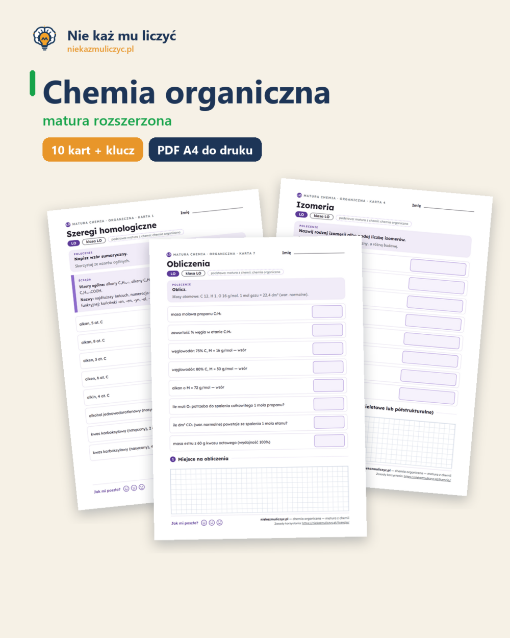 Chemia organiczna — matura z chemii — 10 kart PDF z kluczem — okładka