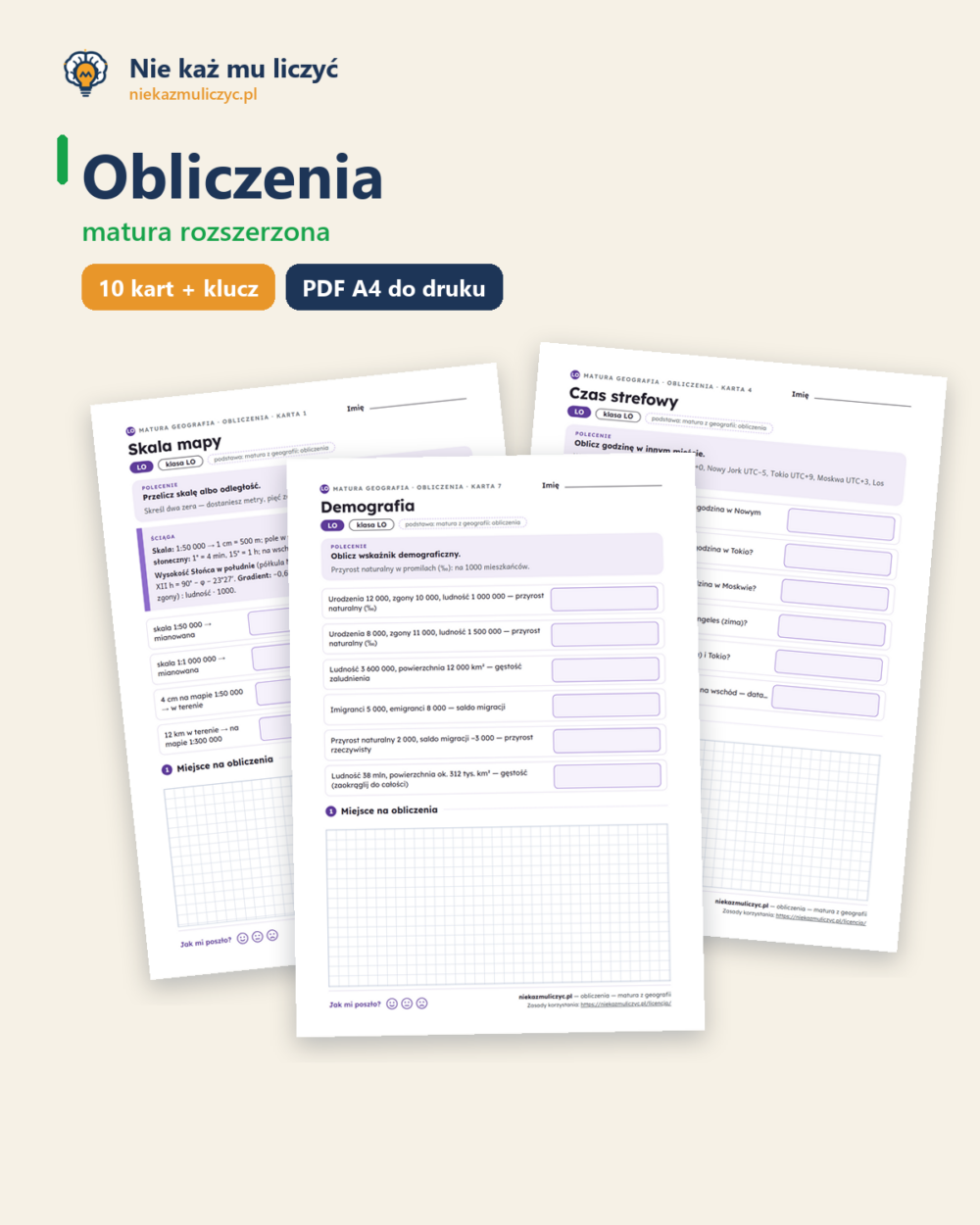 Obliczenia — matura z geografii — 10 kart PDF z kluczem — okładka