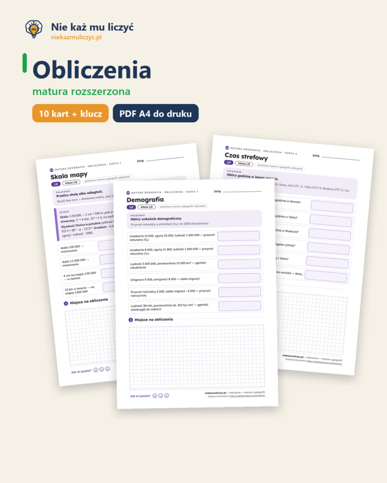 Obliczenia — matura z geografii — 10 kart PDF z kluczem — okładka