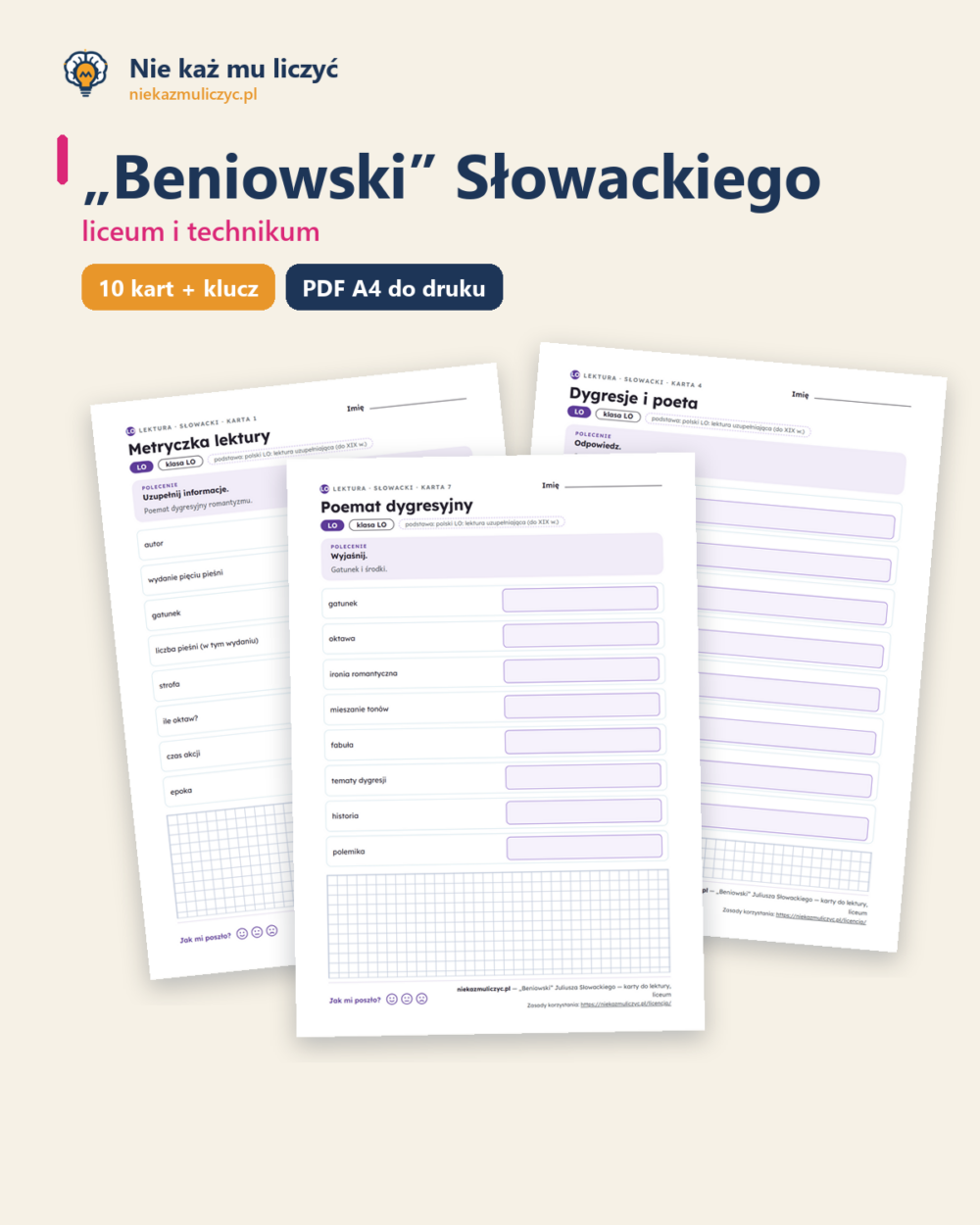 „Beniowski” Słowackiego — karty do lektury, liceum, 10 kart PDF — okładka