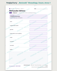 „Beniowski” Słowackiego — karty do lektury, liceum, 10 kart PDF — podgląd karty, strona 1