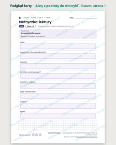 „Listy z podróży do Ameryki” — karty do lektury, liceum, 10 kart PDF — podgląd karty, strona 1