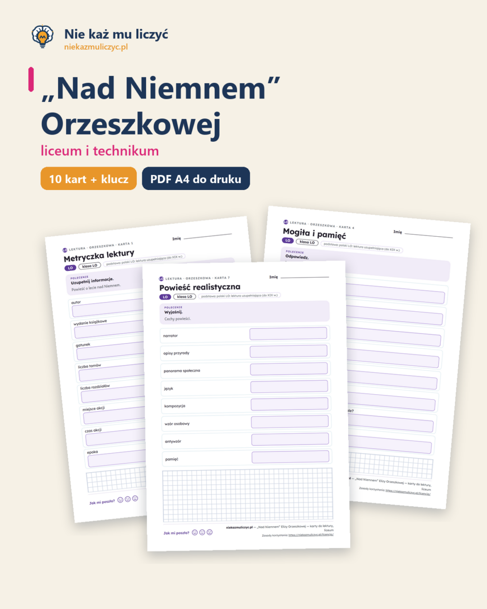 „Nad Niemnem” Orzeszkowej — karty do lektury, liceum, 10 kart PDF — okładka