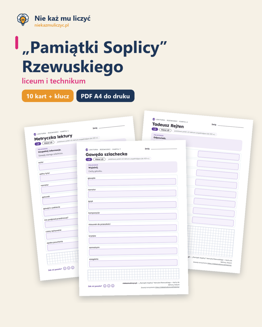 „Pamiątki Soplicy” Rzewuskiego — karty do lektury, liceum, 10 kart PDF — okładka