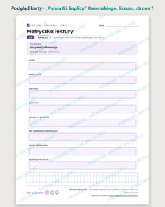 „Pamiątki Soplicy” Rzewuskiego — karty do lektury, liceum, 10 kart PDF — podgląd karty, strona 1