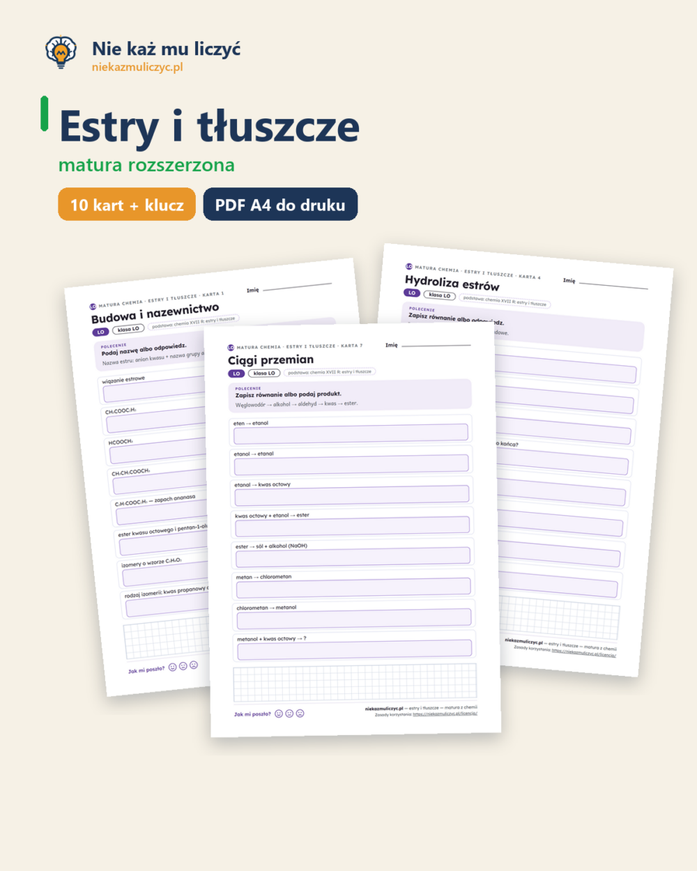 Estry i tłuszcze — matura z chemii — 10 kart PDF z kluczem — okładka
