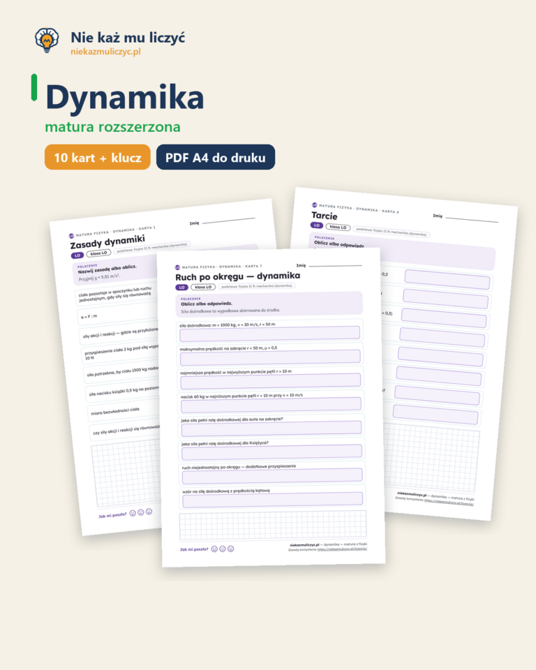 Dynamika — matura z fizyki — 10 kart PDF z kluczem — okładka