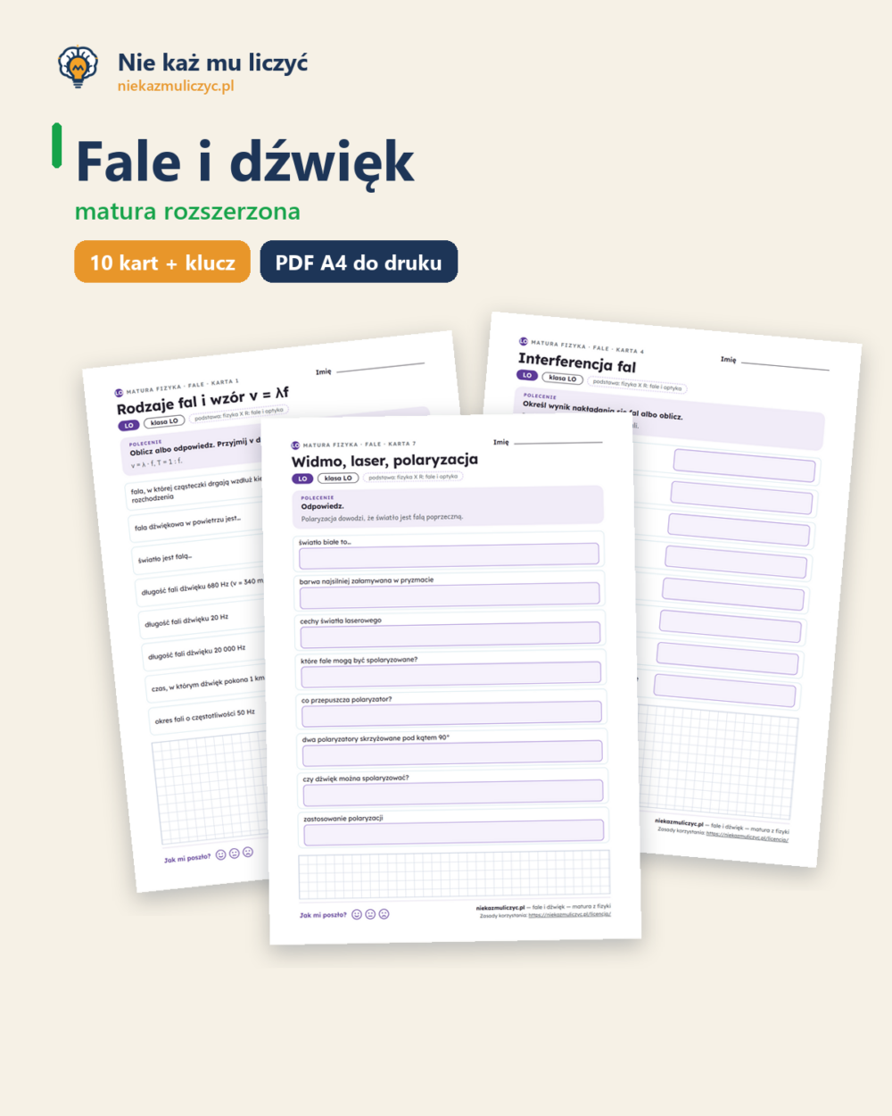 Fale i dźwięk — matura z fizyki — 10 kart PDF z kluczem — okładka