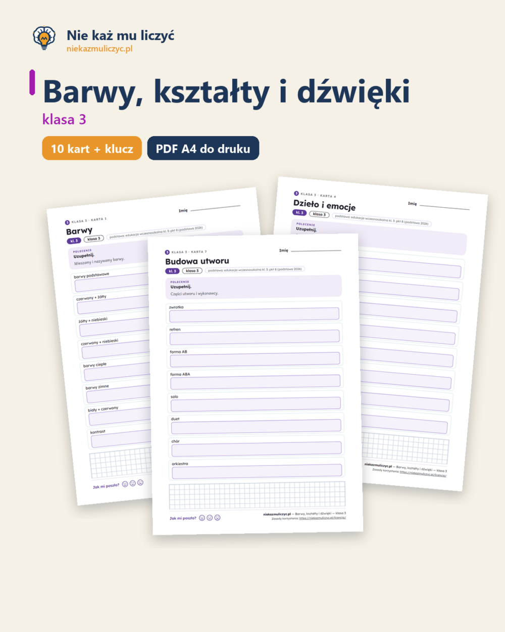 Barwy, kształty i dźwięki — karty pracy, klasa 3, 10 kart PDF — okładka