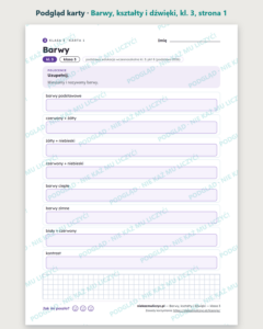 Barwy, kształty i dźwięki — karty pracy, klasa 3, 10 kart PDF — podgląd karty, strona 1