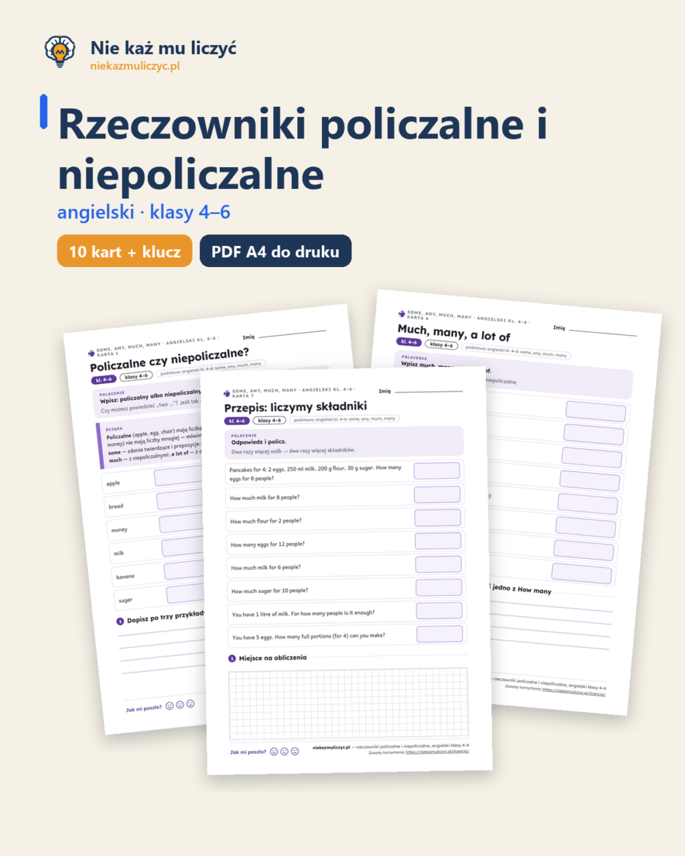 Policzalne i niepoliczalne, angielski klasy 4–6 — 10 kart PDF — okładka