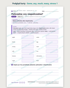 Policzalne i niepoliczalne, angielski klasy 4–6 — 10 kart PDF — podgląd karty, strona 1