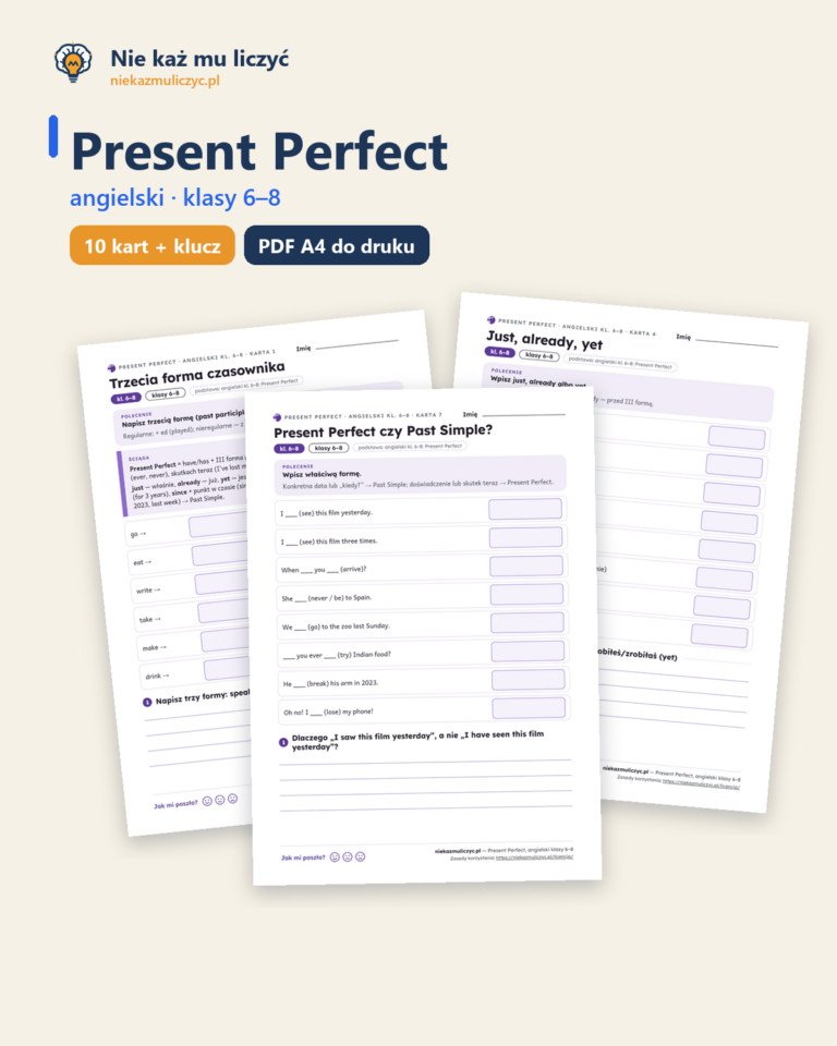 Present Perfect, angielski klasy 6–8 — 10 kart pracy PDF z kluczem — okładka
