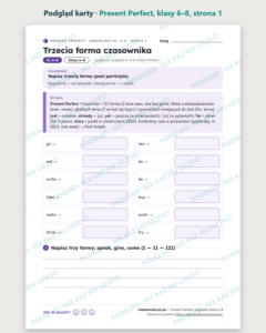 Present Perfect, angielski klasy 6–8 — 10 kart pracy PDF z kluczem — podgląd karty, strona 1