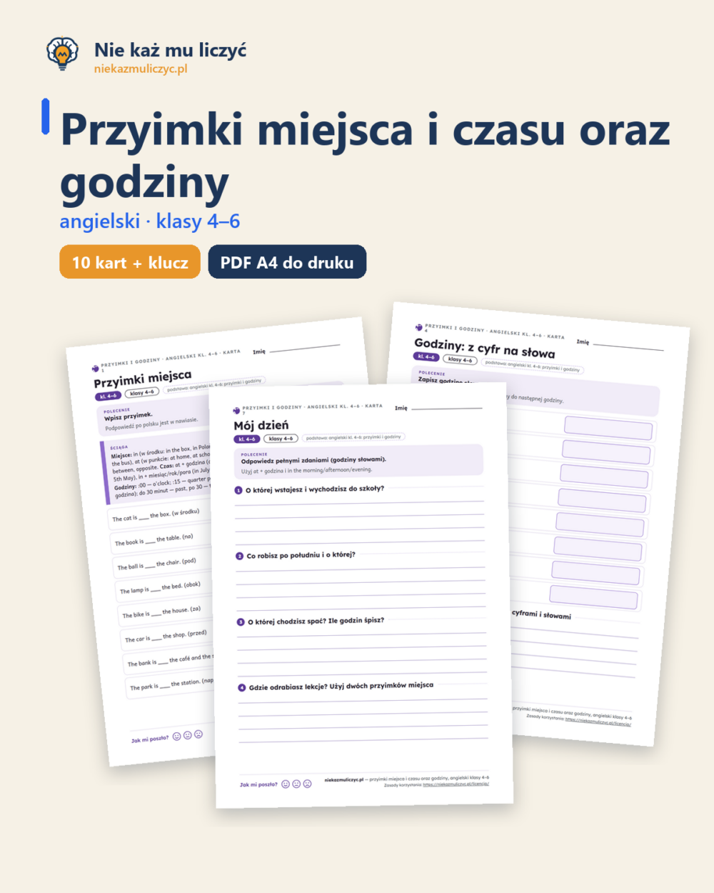 Przyimki miejsca i czasu, godziny, angielski kl. 4–6 — 10 kart PDF — okładka