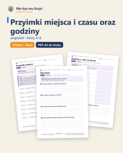 Przyimki miejsca i czasu, godziny, angielski kl. 4–6 — 10 kart PDF — okładka