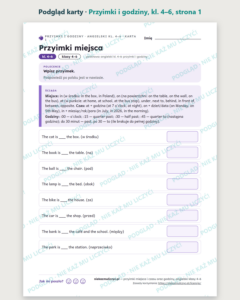 Przyimki miejsca i czasu, godziny, angielski kl. 4–6 — 10 kart PDF — podgląd karty, strona 1