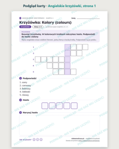 Angielskie krzyżówki dla dzieci, klasy 1–3 — 12 krzyżówek PDF — podgląd karty, strona 1