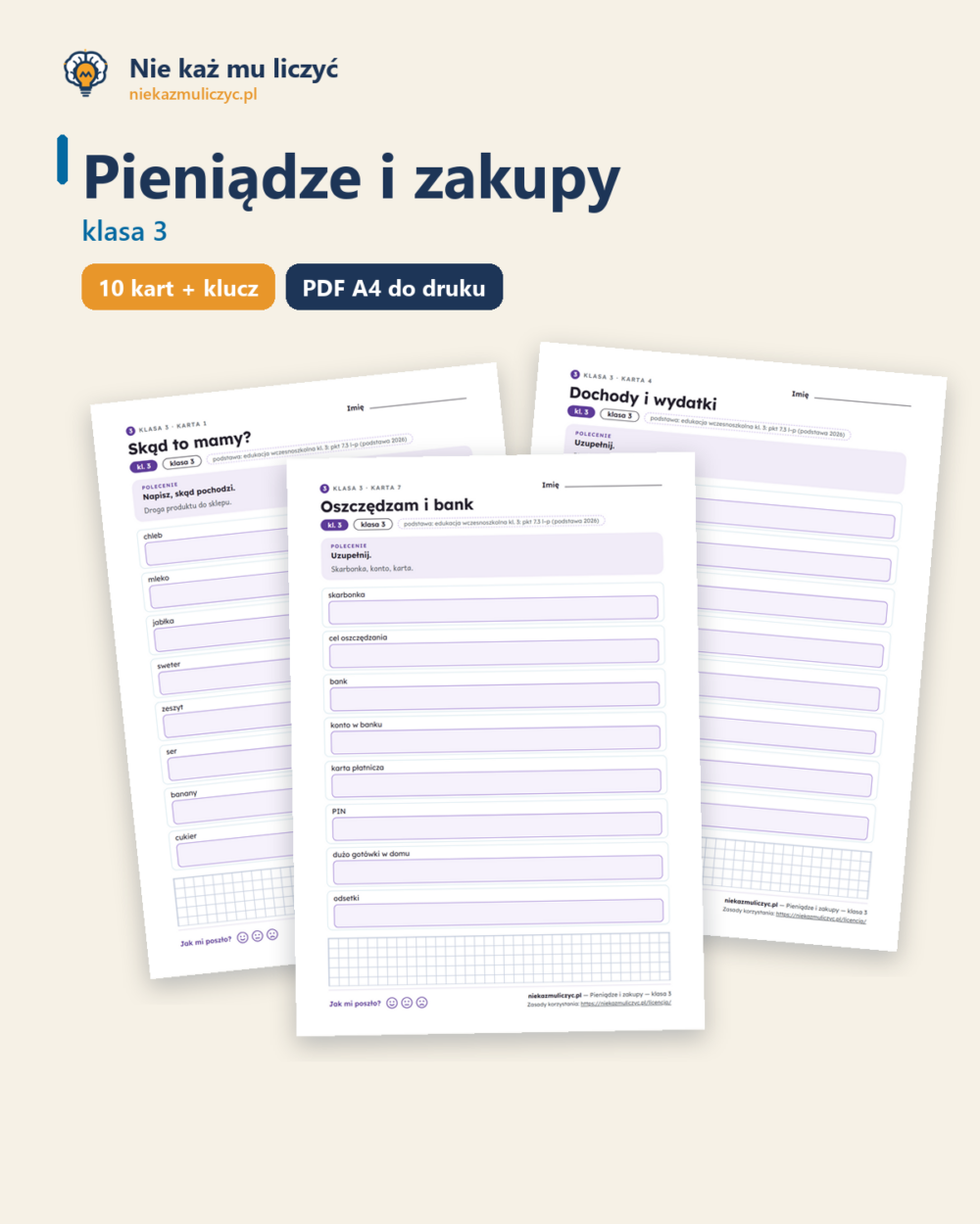 Pieniądze i zakupy — karty pracy, klasa 3, 10 kart PDF — okładka