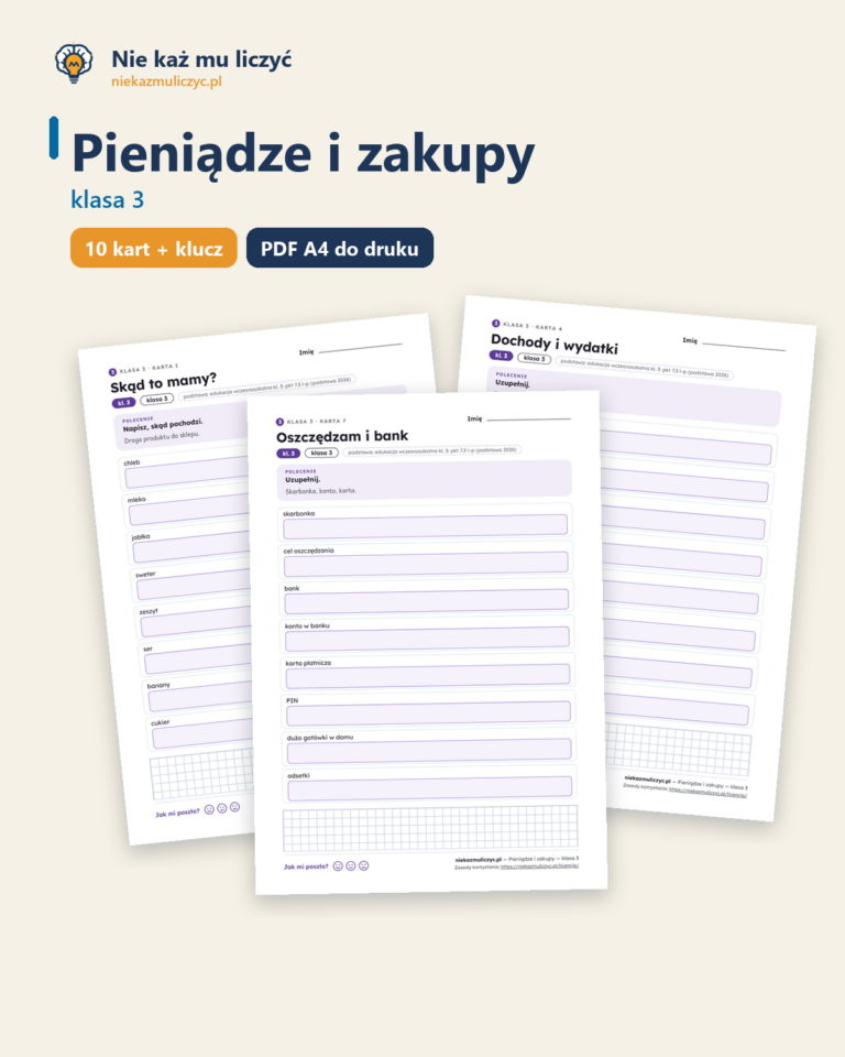 Pieniądze i zakupy — karty pracy, klasa 3, 10 kart PDF — okładka